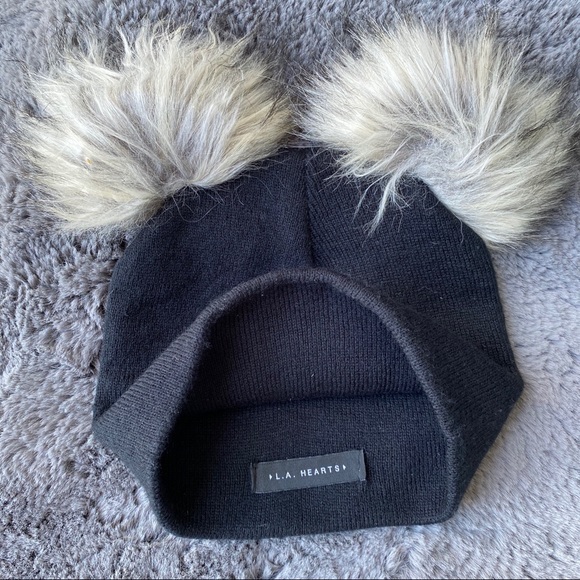 LA Hearts Black Beanie with Faux Fur Pom Poms - Picture 2 of 2
